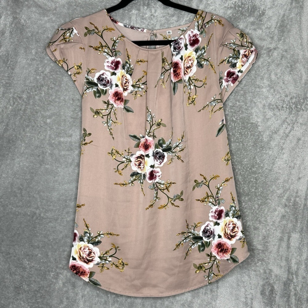 Amazon XL Top Shirt Brown Floral Flower Cap Short Sleeve Round Neck Stretch‎